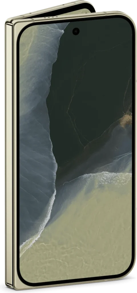 Google Pixel 11 Pro Fold, in Olive, partially unfolded cover display