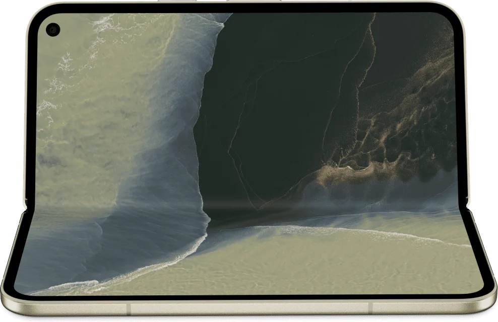 Google Pixel 11 Pro Fold, in Olive, unfolded in tabletop mode