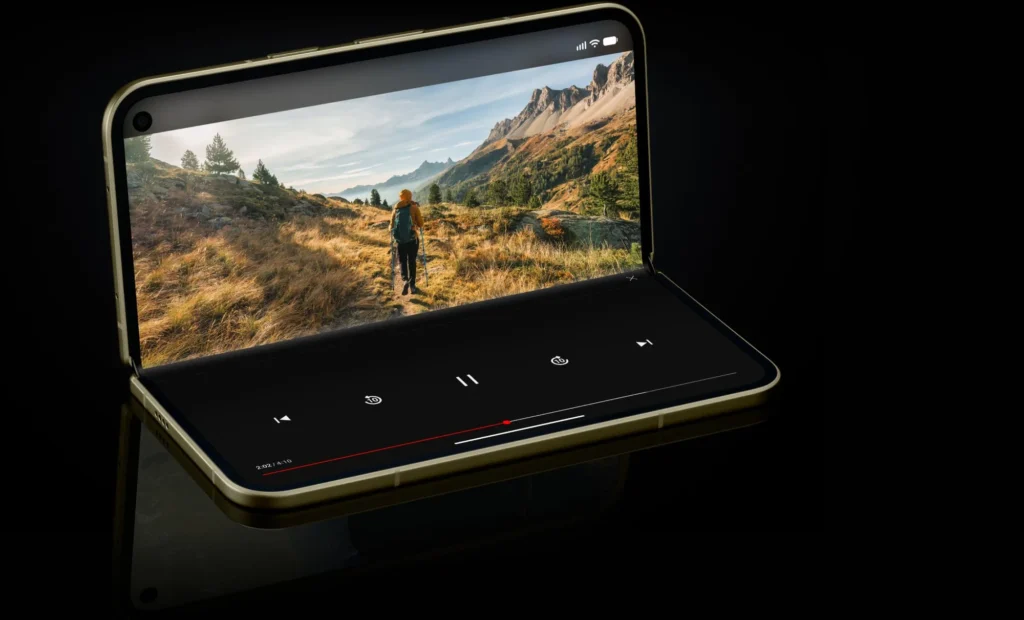 Google Pixel 11 Pro Fold, in Olive, rear and inner display view