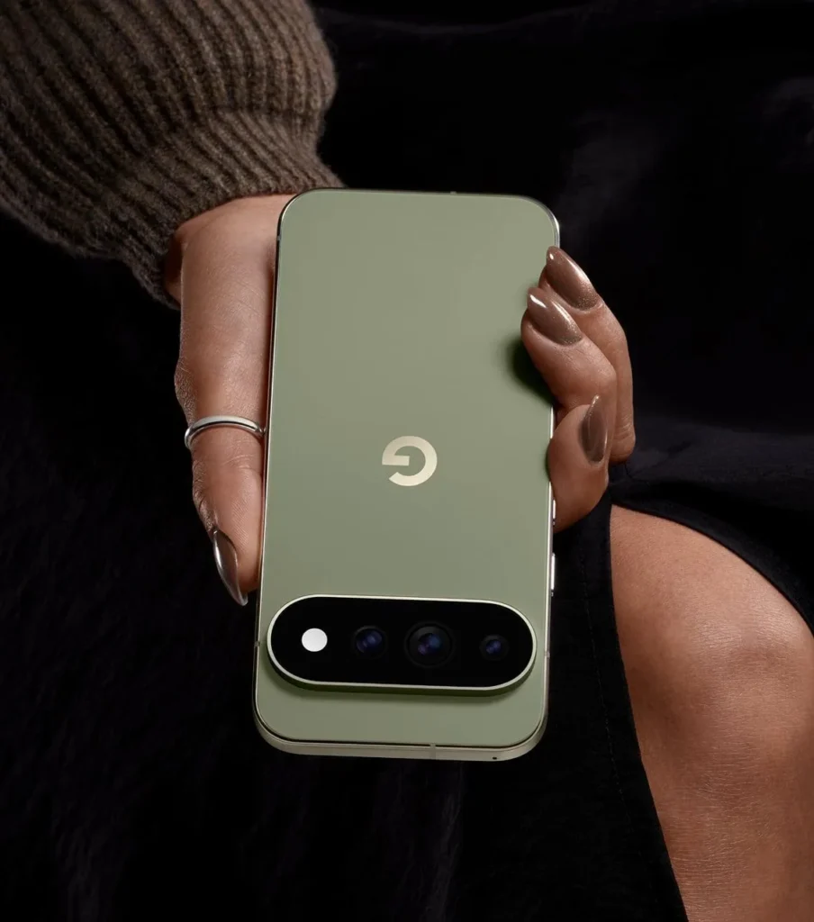 Google Pixel 11 Pro XL, in Olive, held in hand
