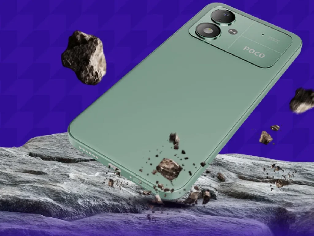 POCO M8 Power, in Green, landing on a rock