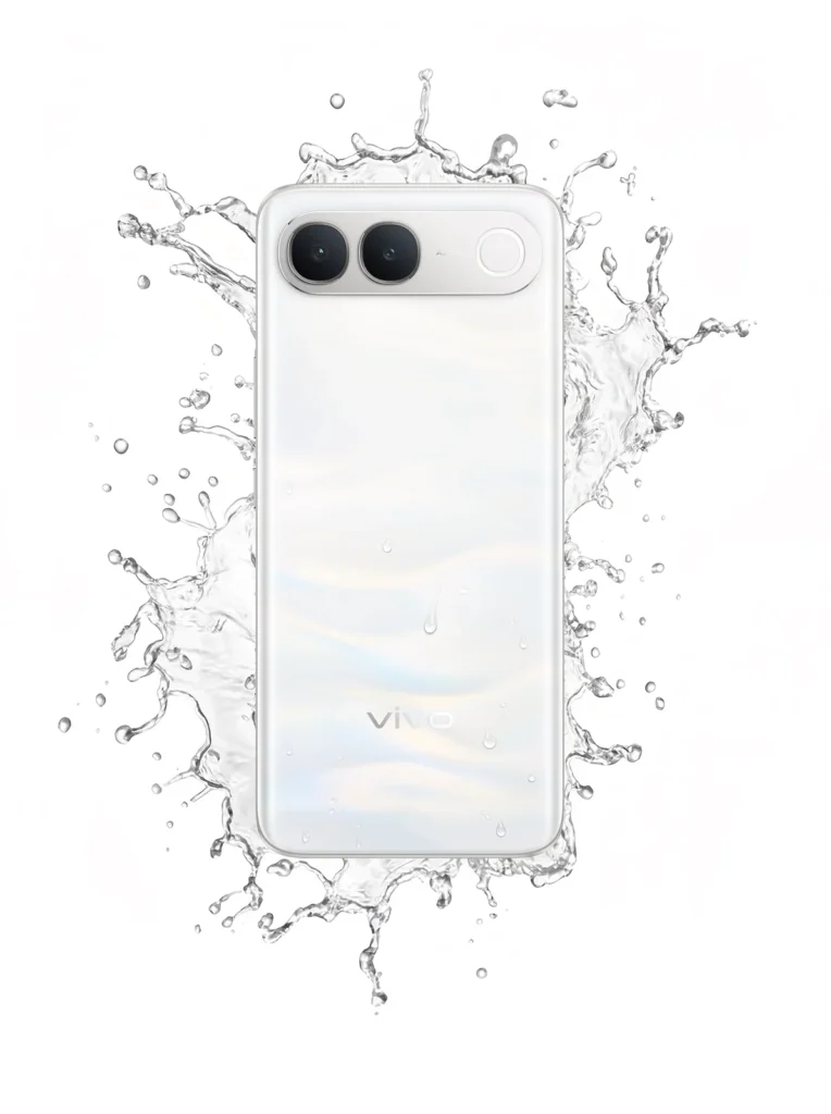 Vivo S2, in Silk White, with water splashing around it