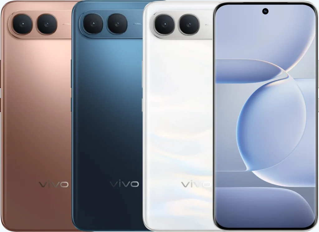 Vivo S2, in Regal Bronze, Sapphire Blue and Silk White, backs and front