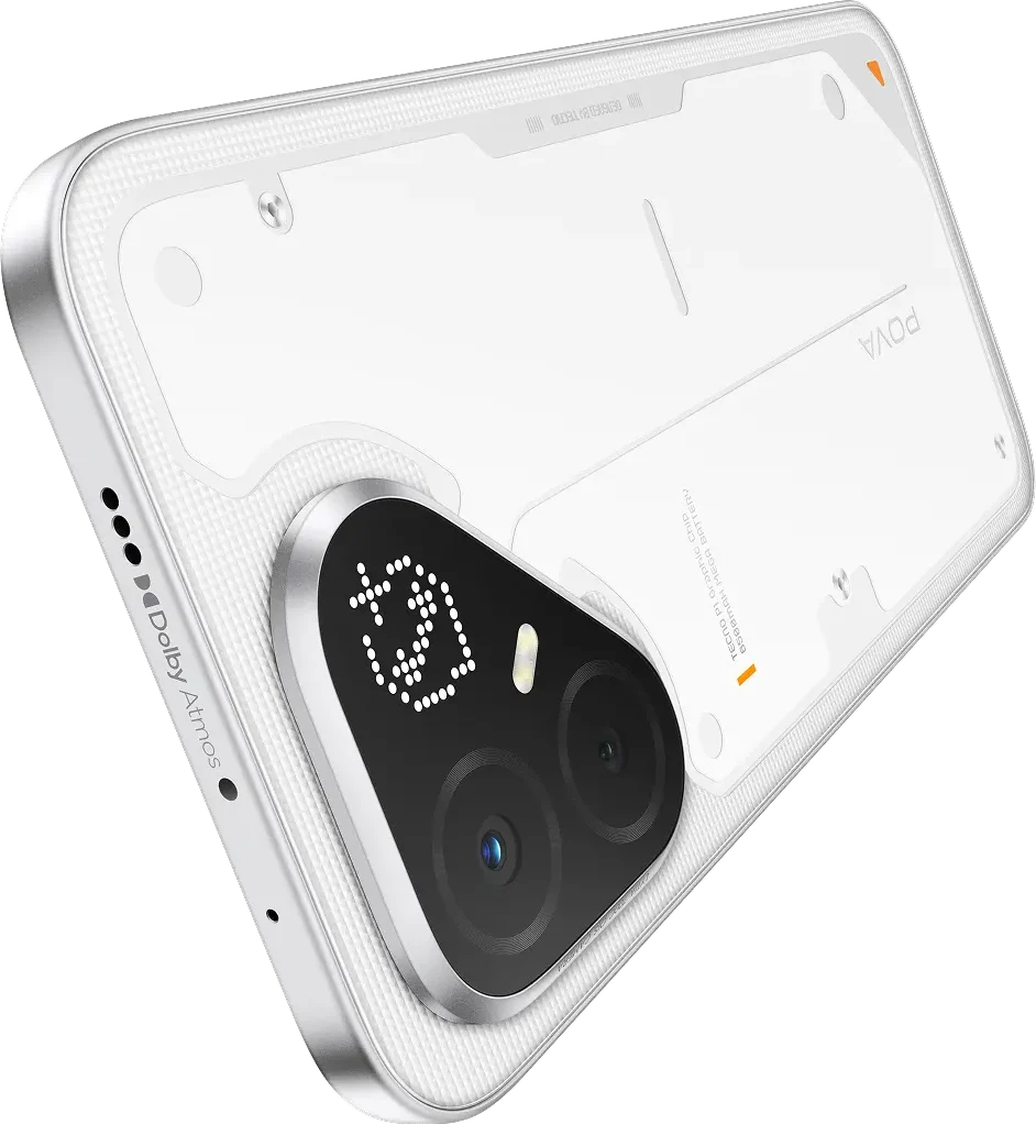 TECNO POVA 8 Pro 5G, in Arc White, back at an angle