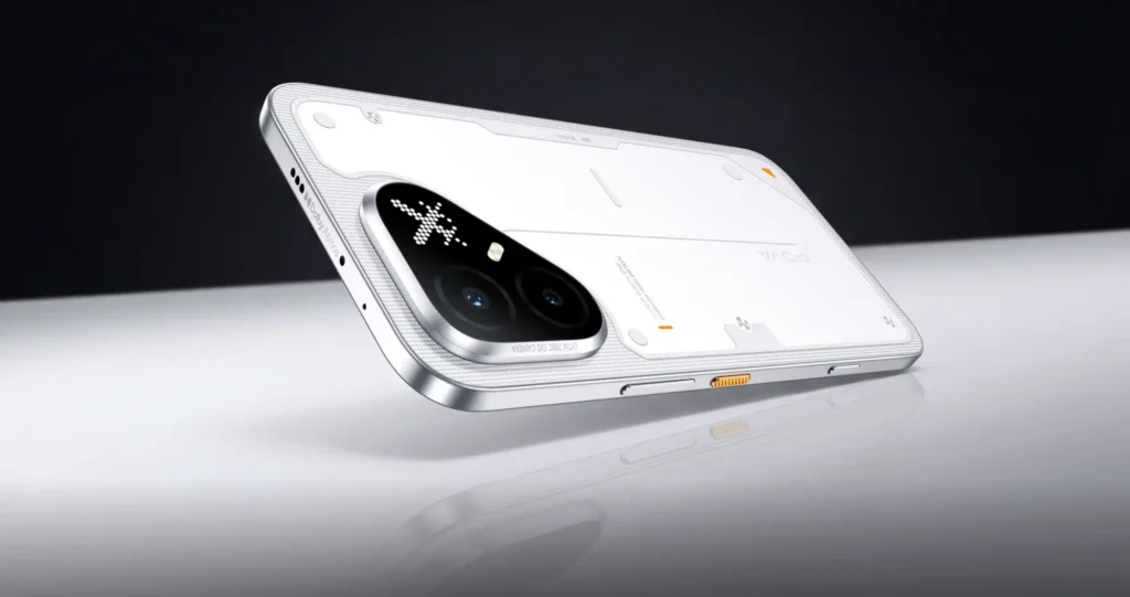 TECNO POVA 8 Pro 5G, in Arc White, lying on a white surface