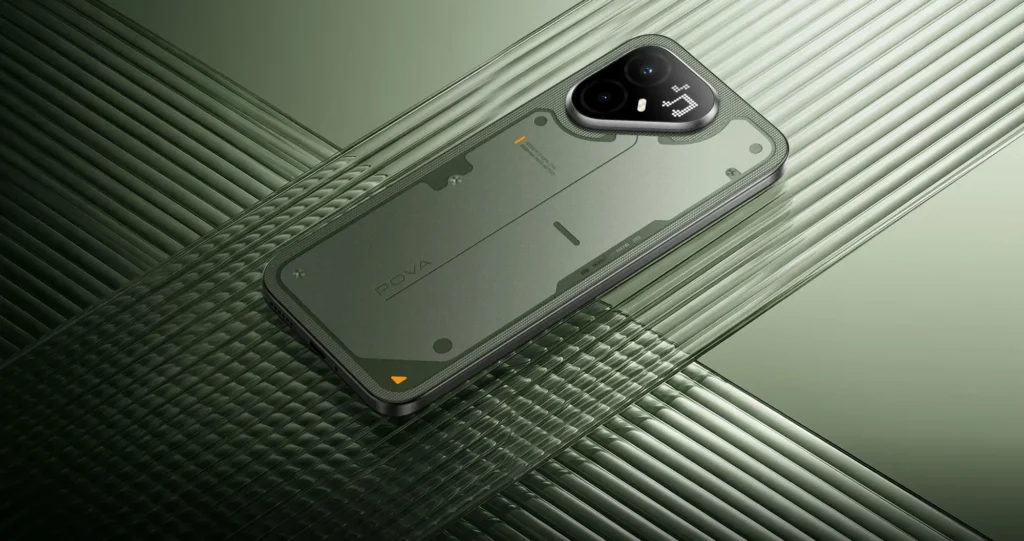 TECNO POVA 8 Pro 5G, in Tundra Green, on a ribbed glass surface