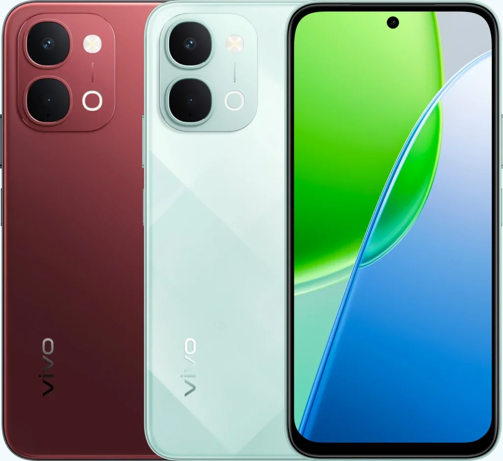 Vivo Y31t 5G, in Crimson Red and Seashore Green, backs and front