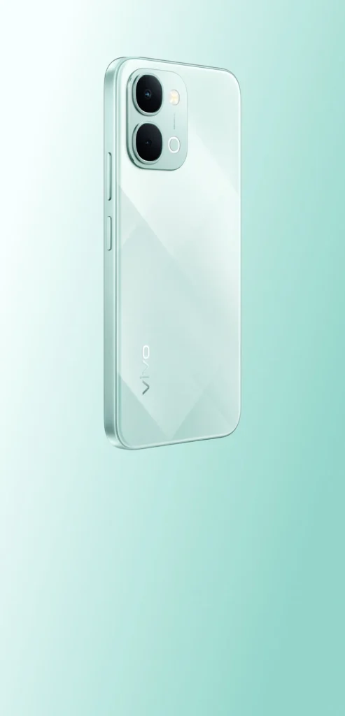 Vivo Y31t 5G, in Seashore Green, on a mint background