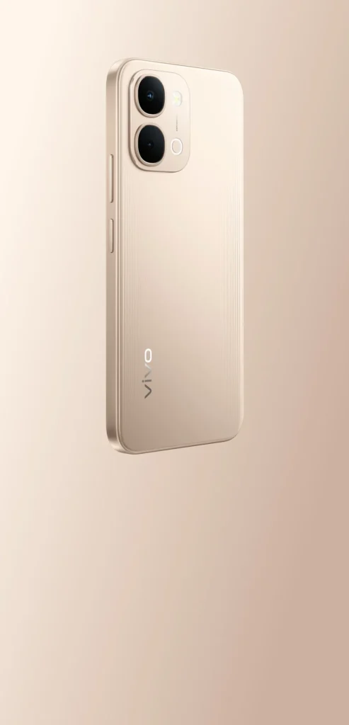 Vivo Y31t 5G, in Golden Mist, on a beige background