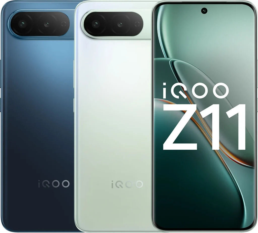 iQOO Z11 5G, in Aurora Green, rear panel perspective view