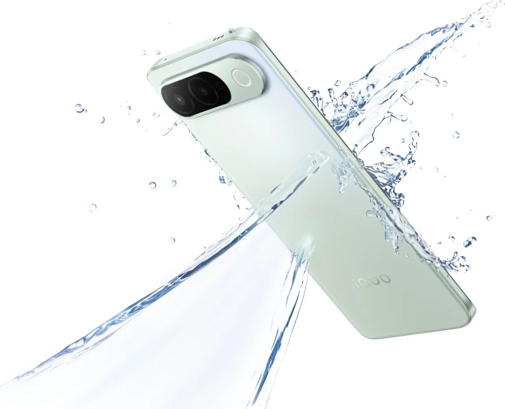 iQOO Z11, in Aurora Green, splashed with water