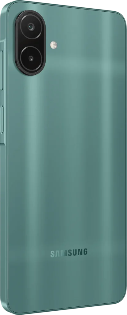 Samsung Galaxy A08 LTE, in Green, at an angle