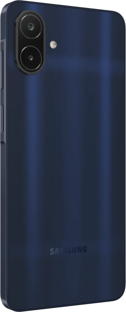Samsung Galaxy A08 LTE, in Dark Blue, at an angle