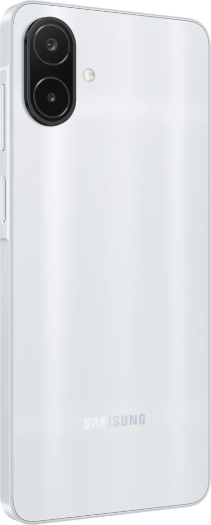 Samsung Galaxy A08 LTE, in Silver, at an angle