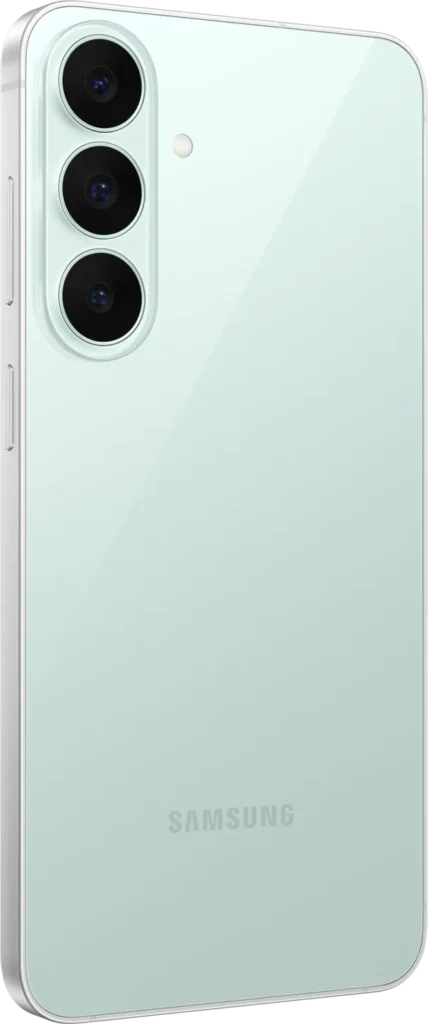 Samsung Galaxy S26 FE, in Pistachio, at an angle