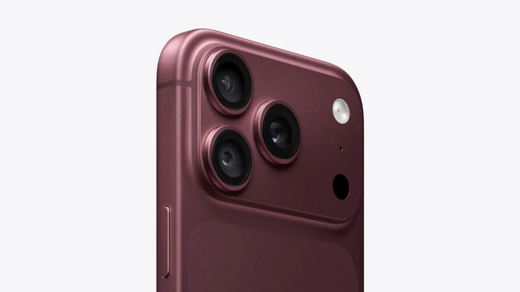 Apple iPhone 18 Pro, in Burgundy, close-up of the rear camera plateau