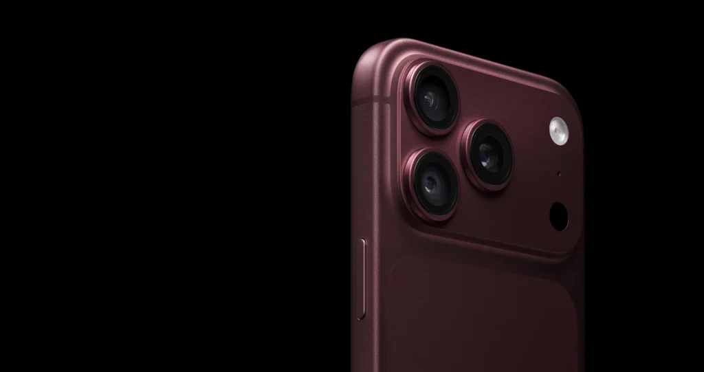 Apple iPhone 18 Pro, in Burgundy, angled close-up of the rear finish