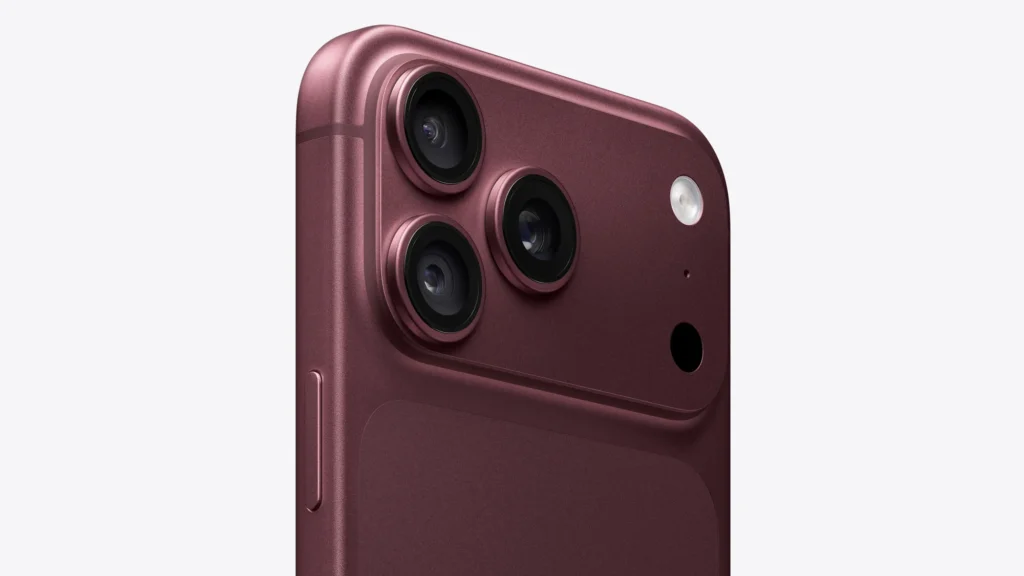 Apple iPhone 18 Pro Max, in Burgundy, close-up of the rear camera plateau