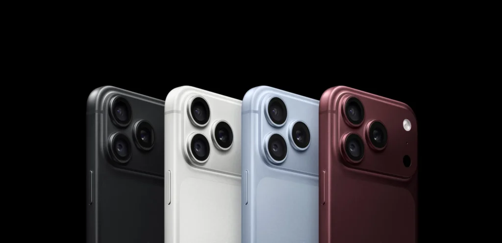 Apple iPhone 18 Pro Max, in Glacier, Black, Burgundy and Silver, showing the camera plateau