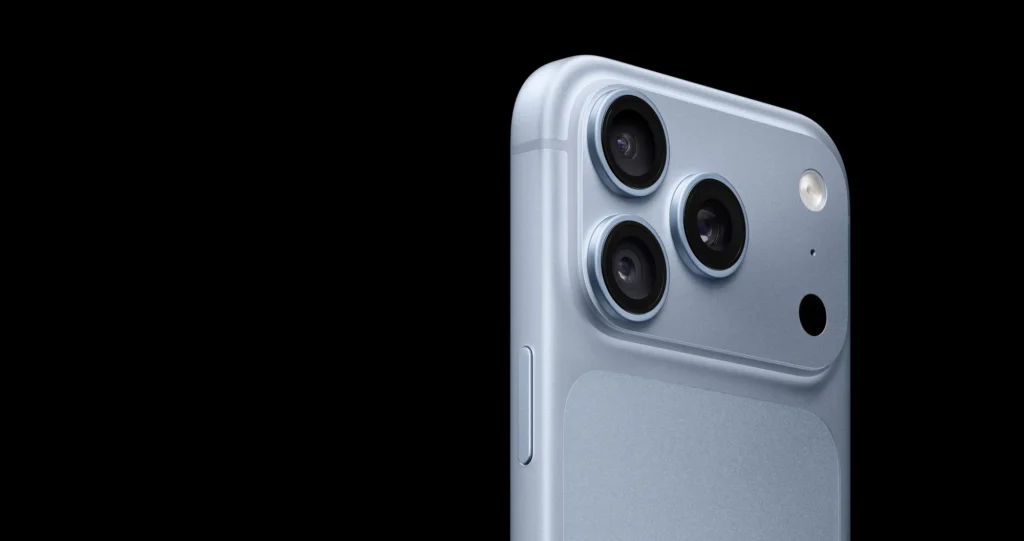 Apple iPhone 18 Pro Max, in Glacier, close-up of the back and side frame