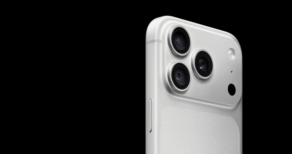 Apple iPhone 18 Pro Max, in Silver, close-up of the back and side frame