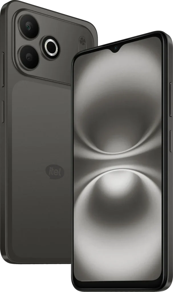itel A300C, in Classic Black, back and front at an angle