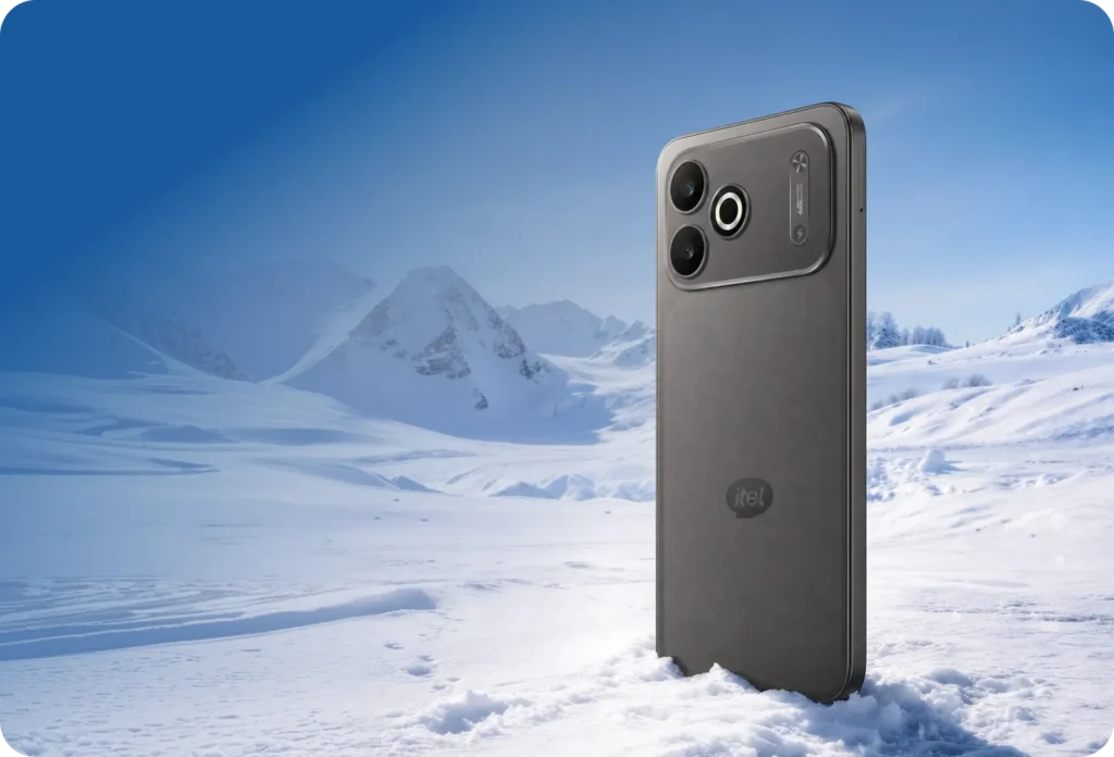 itel A300C, in Classic Black standing in snow