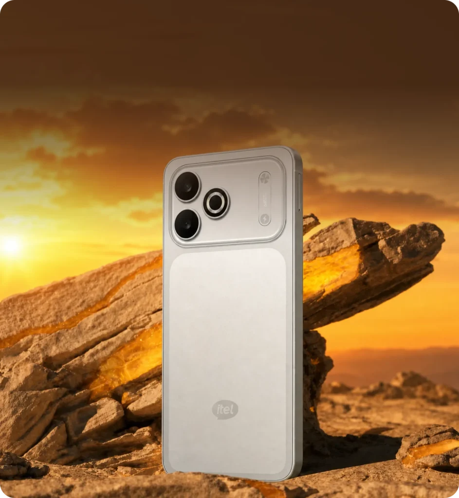 itel A300C, in Silver Mist on a rock at sunset