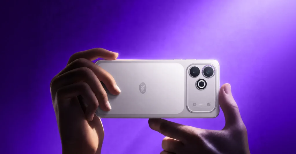 itel Zeno 300, held sideways in both hands, from the back