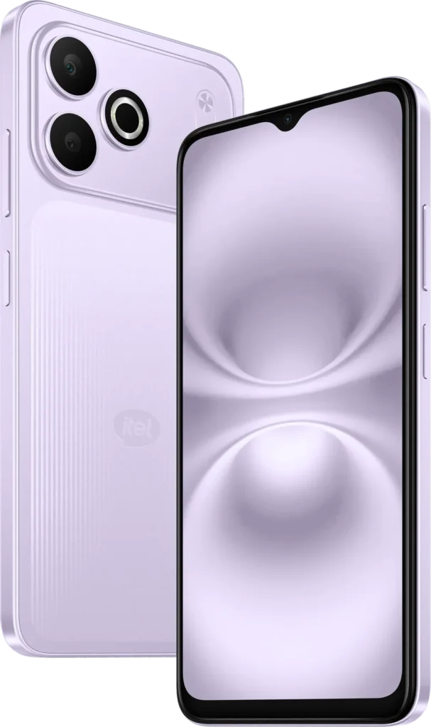 itel Zeno 300, in Lavender Purple, back and front at an angle