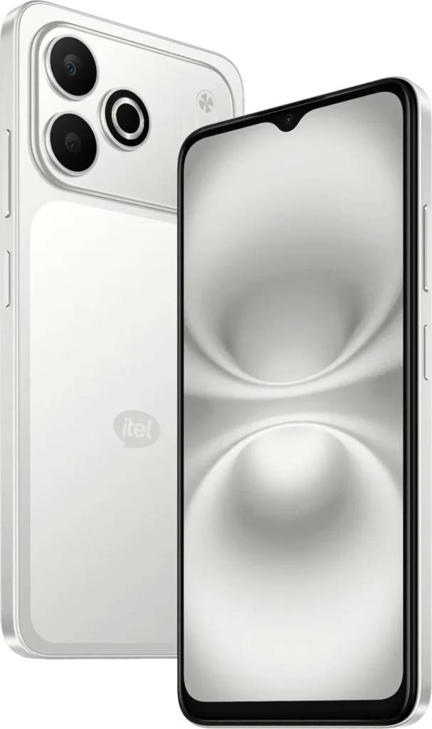 itel Zeno 300, in Silver Mist, back and front at an angle