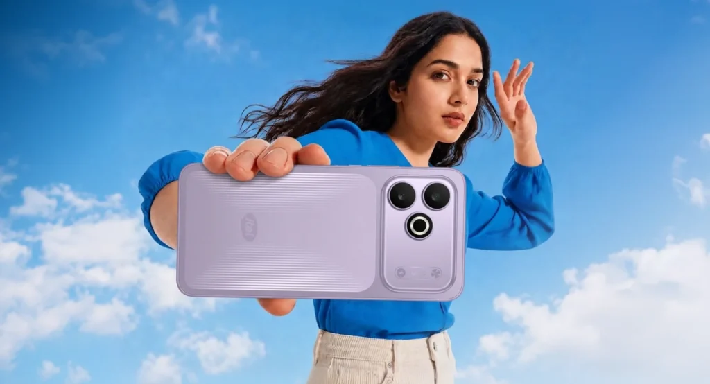 itel Zeno 300, in Lavender Purple, held up against the sky