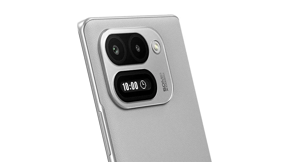 Lava Virat Curve, in Makrana Ivory, cameras and rear mini screen close up