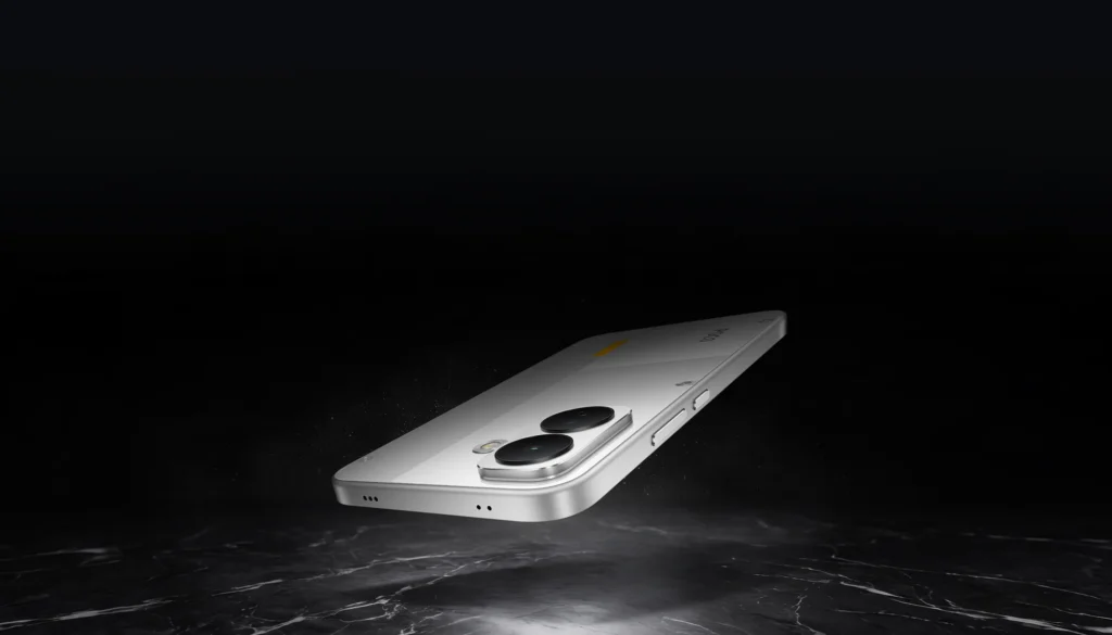 Poco X8, in Frost White, lying on its side