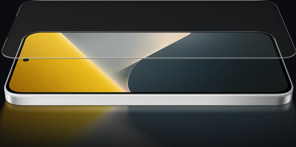 Poco X8, with a screen protector lifted above the display