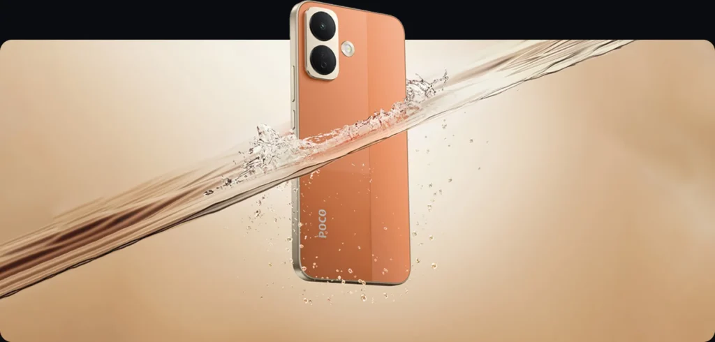 Poco X8, in Fiery Orange, in a splash of water