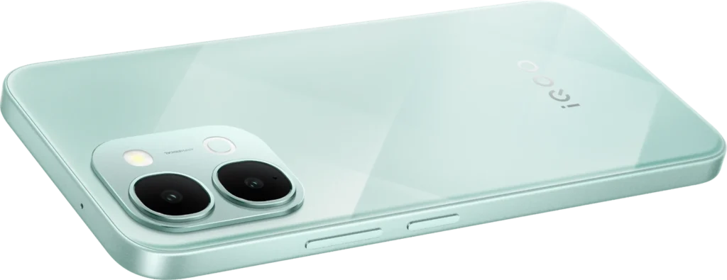 iQOO Z11xa, in Prismatic Green, lying at an angle