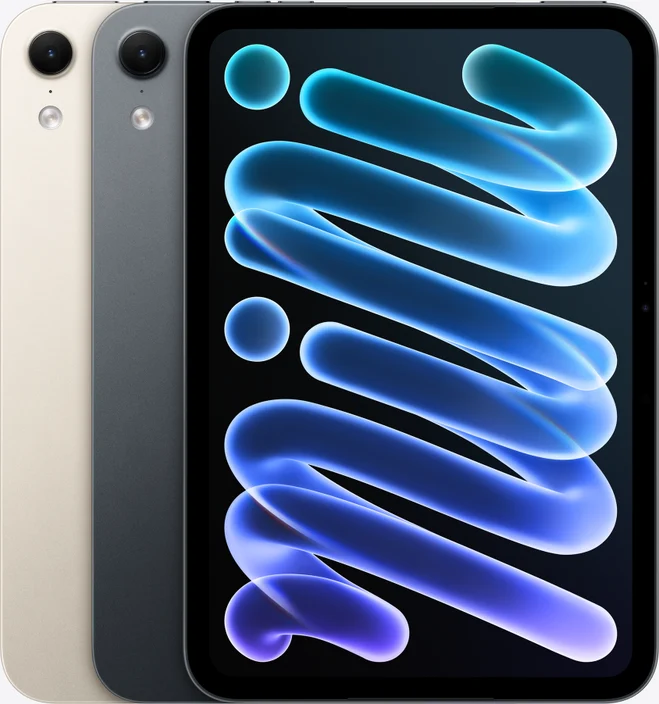 Apple iPad mini (A20 Pro), in Starlight and Midnight from the back, with one from the front