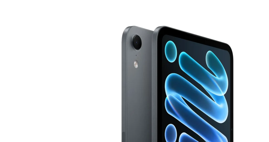 Apple iPad mini (A20 Pro), in Midnight, back and front at an angle