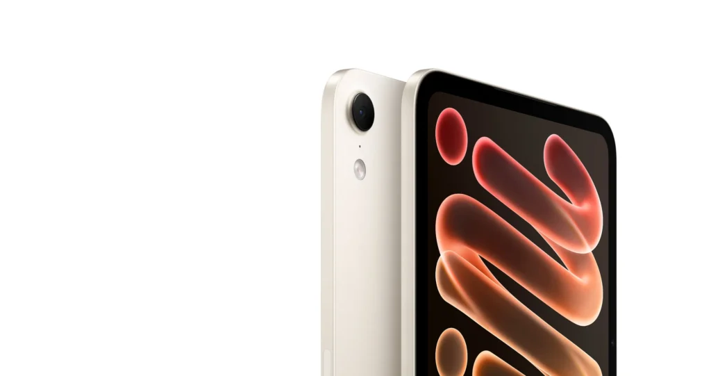 Apple iPad mini (A20 Pro), in Starlight, back and front at an angle