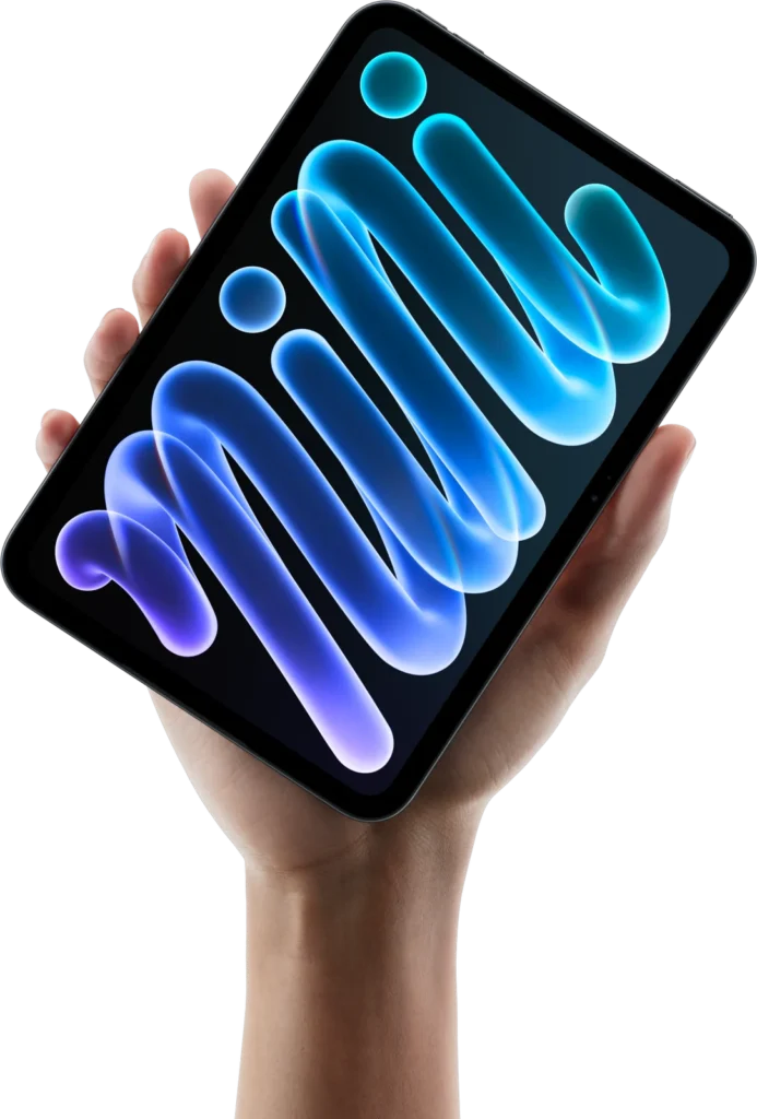 Apple iPad mini (A20 Pro), held up in one hand, blue wallpaper on screen