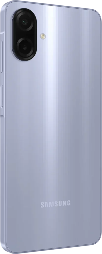 Samsung Galaxy A07, in Light Violet, back at an angle