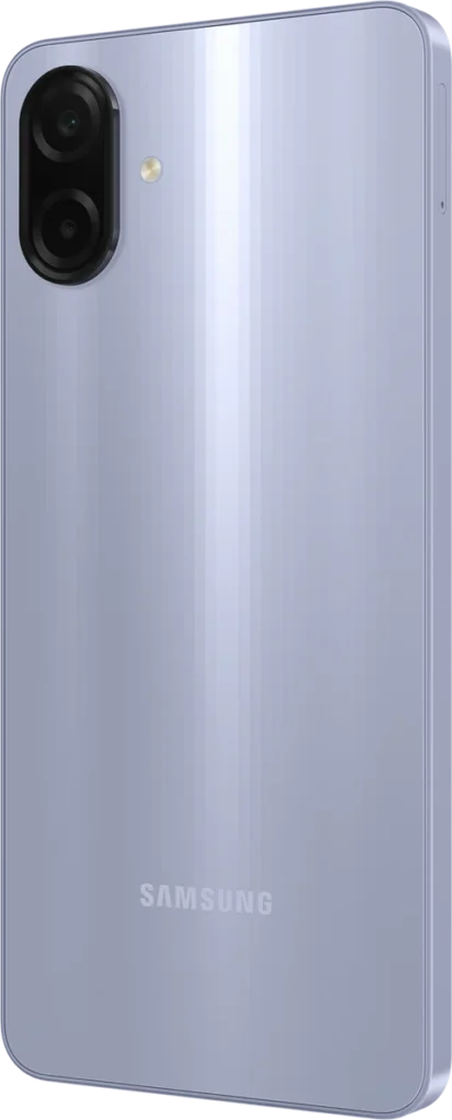 Samsung Galaxy A07, in Light Violet, back at an angle from the right
