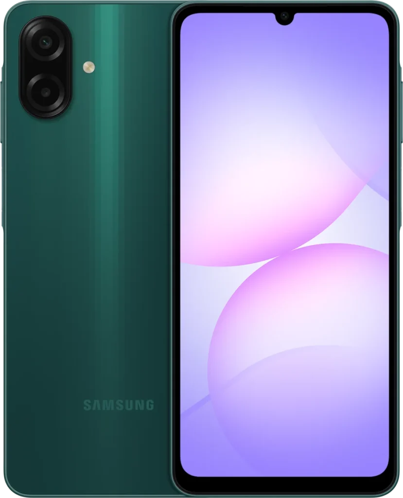Samsung Galaxy A07, in Green, front and back