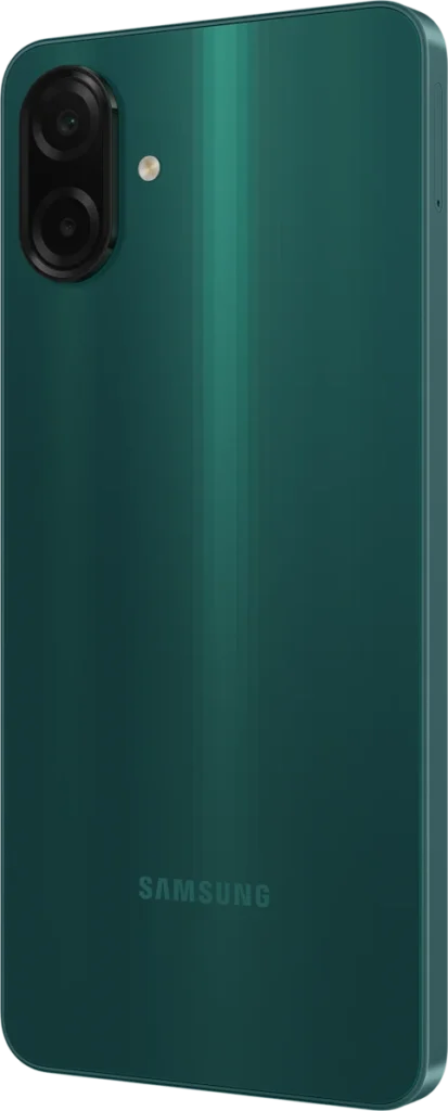 Samsung Galaxy A07, in Green, back at an angle from the right