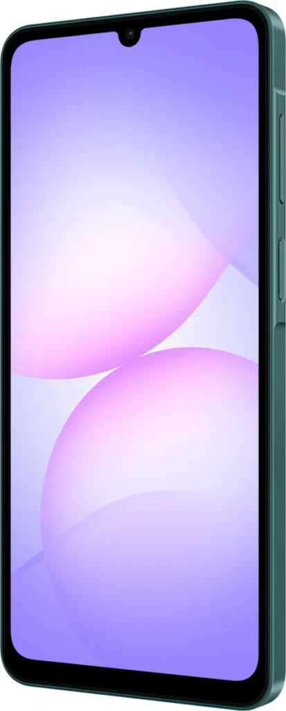 Samsung Galaxy A07, in Green, front at an angle from the right