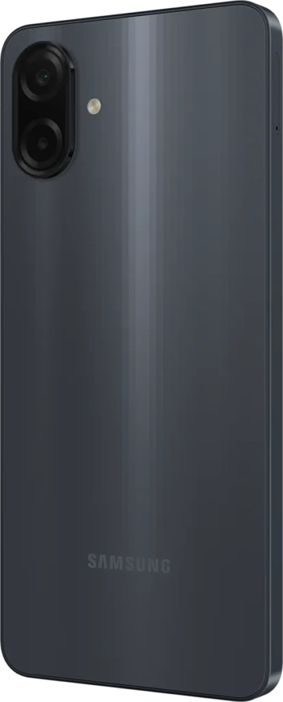 Samsung Galaxy A07, in Black, back at an angle from the right