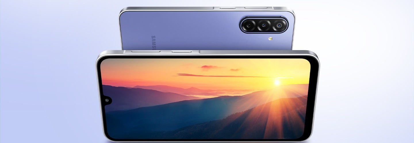 Samsung Galaxy F70 5G in Vivid Violet, front showing the Super AMOLED screen and back showing the three rear cameras