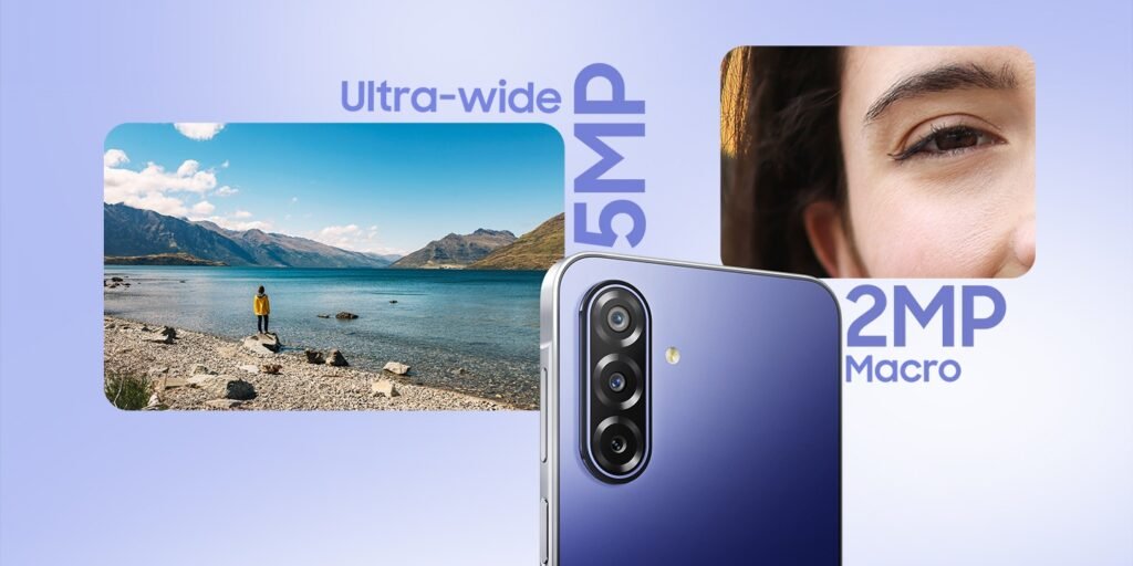 Samsung Galaxy F70 5G rear with three cameras beside sample ultra-wide and macro shots