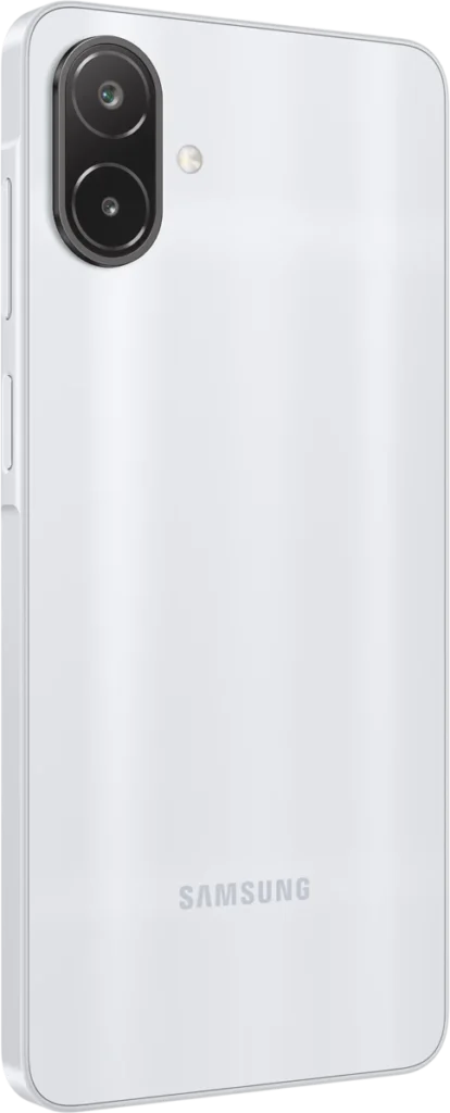 Samsung Galaxy M08 LTE, in Silver, back at an angle